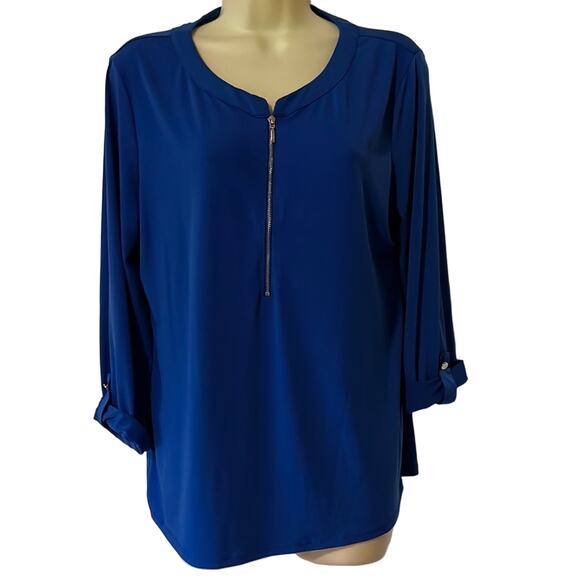 Ava James Blue Slinky Knit Top Blouse Woman Size Large Front Zipper - Picture 1 of 8